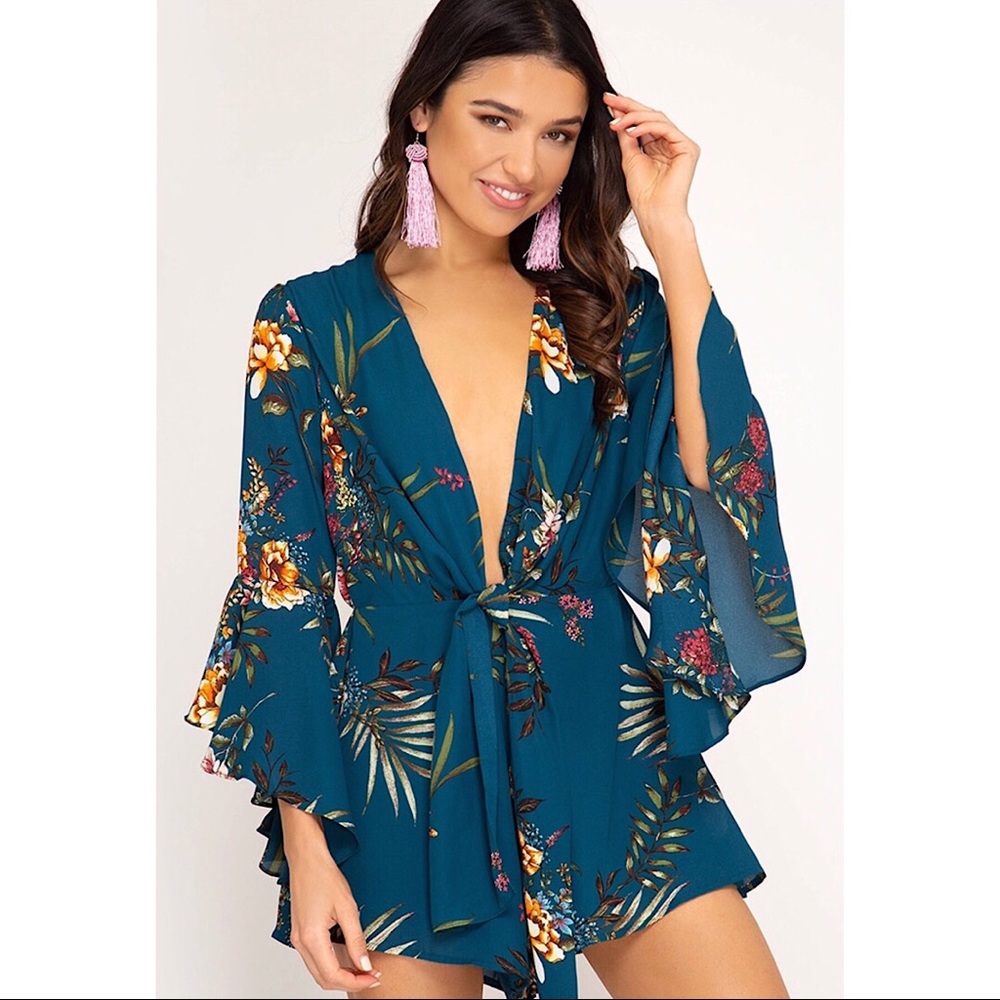 Floral Woven Romper in Teal